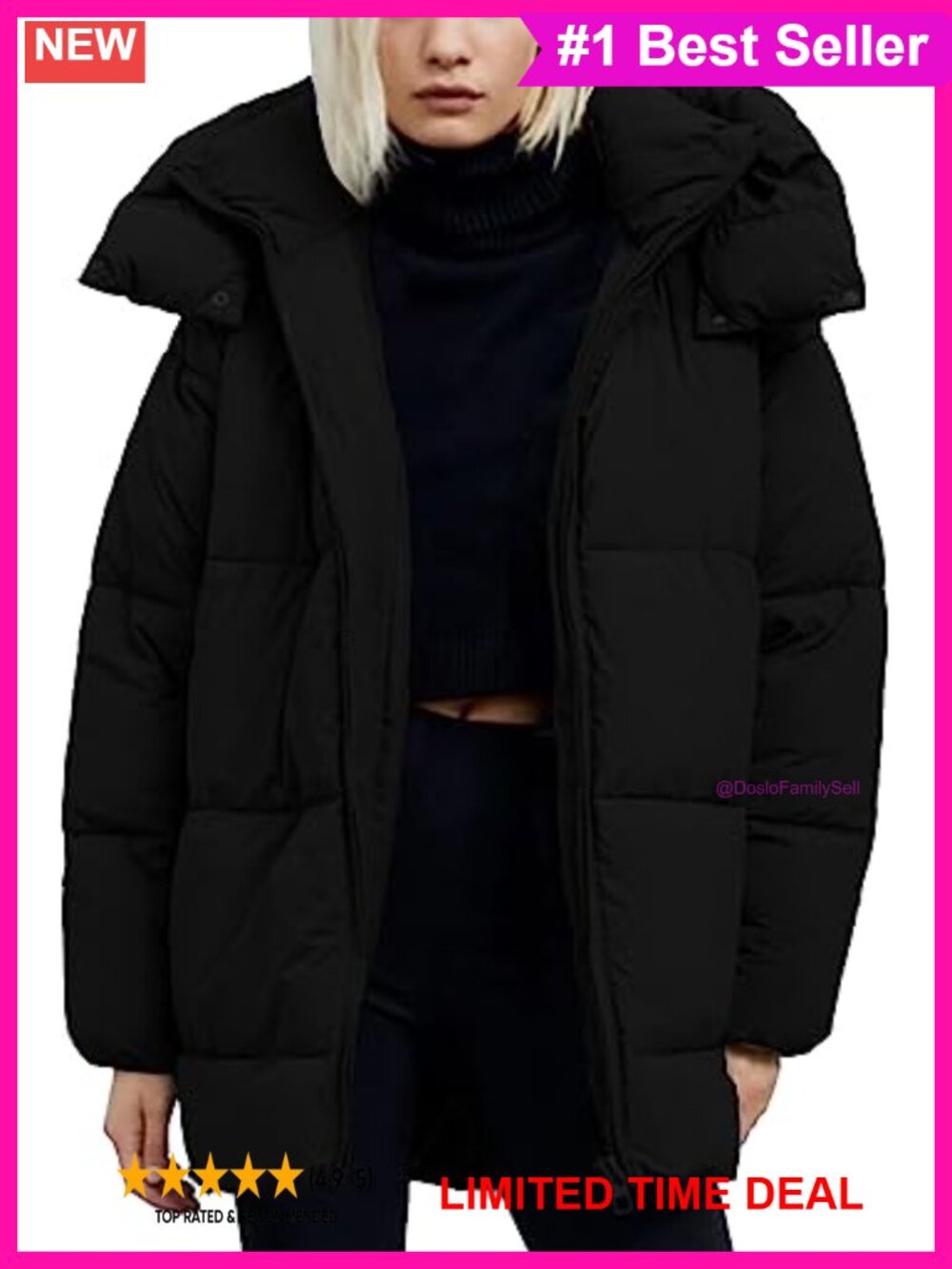 Warm Hooded Puffer Jacket Full Zip Mid-Length Loose Fit Winter Coat